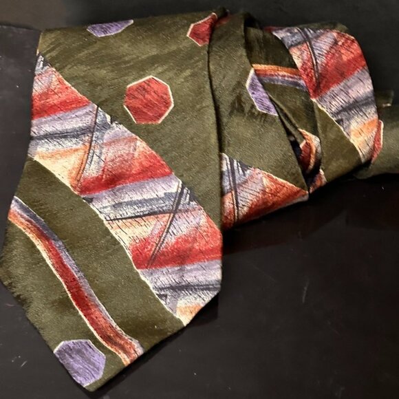 Bugatti Other - Bugatti Silk Tie Olive Green Painting Watercolor Modern Art Purple Abstract